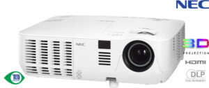 Biały projektor multimedialny NEC z obsługą 3D, HDMI i technologią DLP.