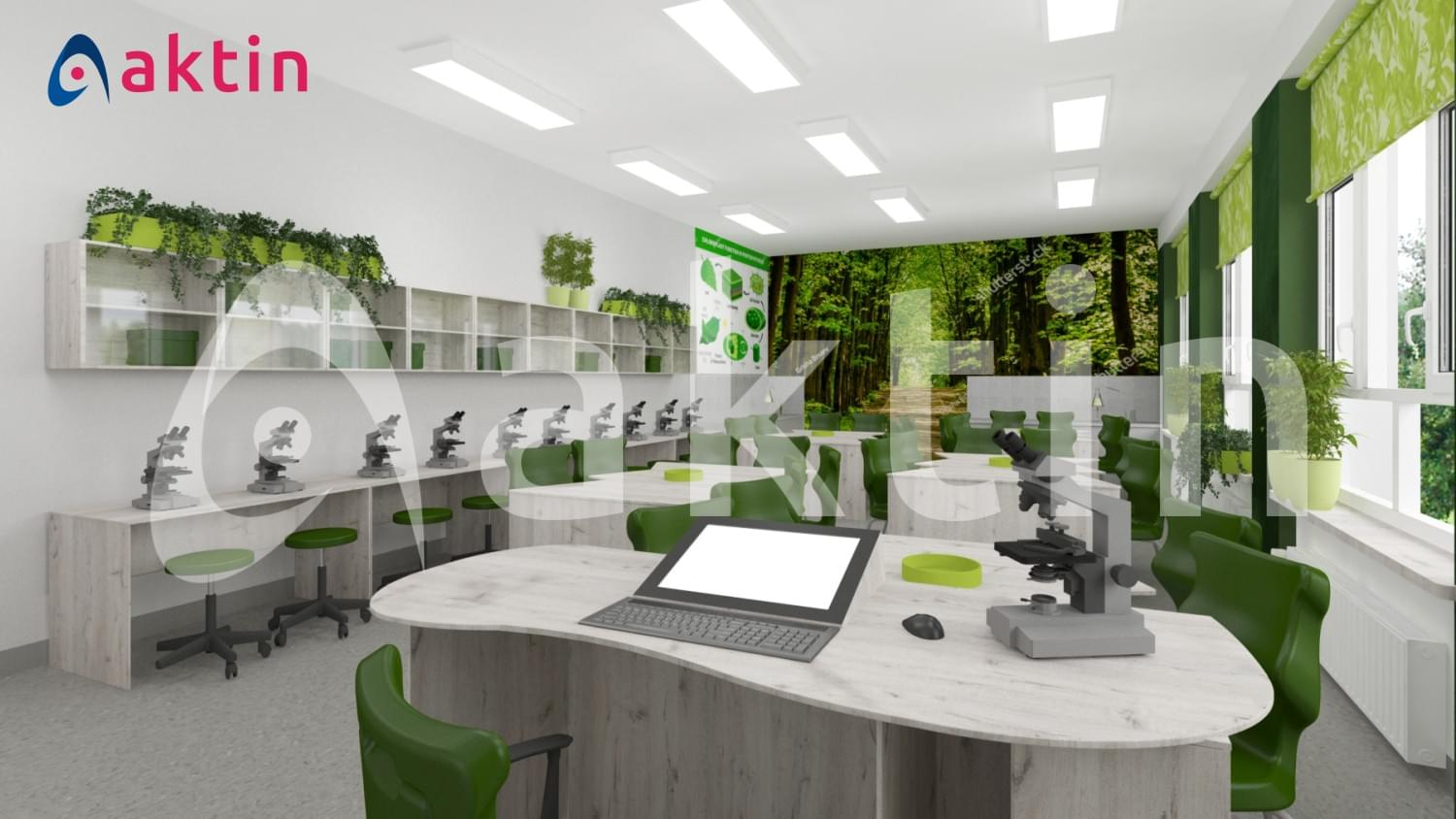 Wizualizacja 3D nowoczesnej pracowni biologicznej z mikroskopami i stołami laboratoryjnymi