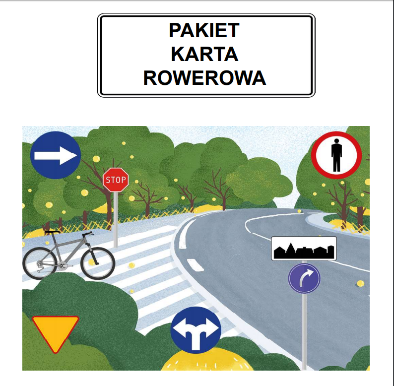 Pakiet Karta Rowerowa: ilustracja drogi z przejściem dla pieszych, rowerem i znakami drogowymi.