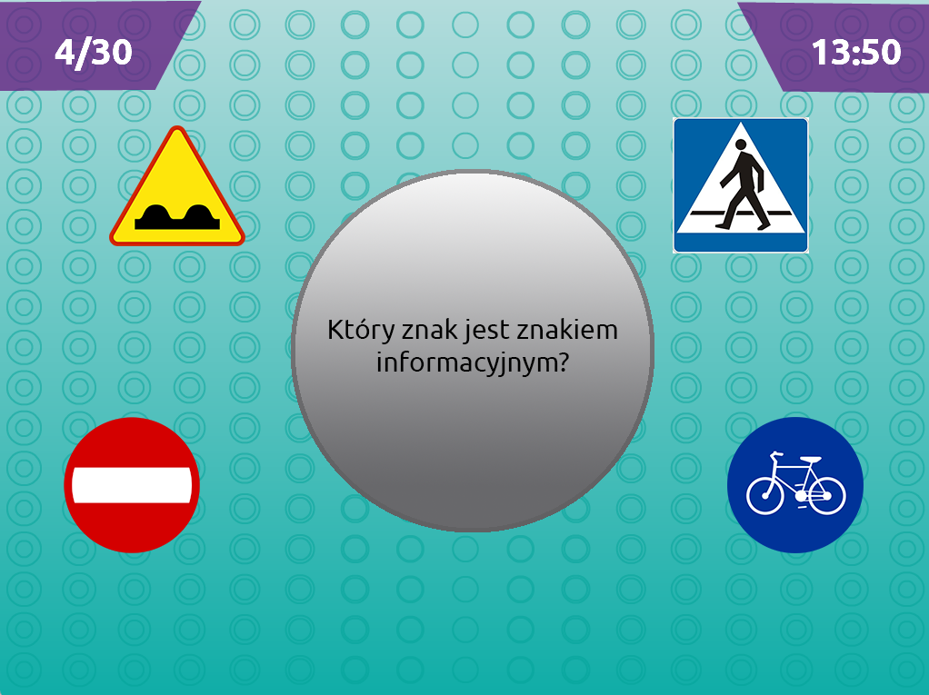 Pytanie testowe: Który znak jest znakiem informacyjnym? Do wyboru: nierówna droga, przejście dla pieszych, zakaz wjazdu, rower.