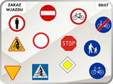 Zestaw znaków drogowych, w tym m.in. zakaz wjazdu, stop, ustąp pierwszeństwa, przejście dla pieszych i droga dla rowerów.