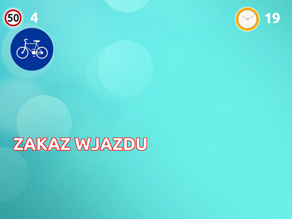 Ikona roweru z napisem ZAKAZ WJAZDU oraz wskaźniki z liczbami 4 i 19 na jasnoniebieskim tle.