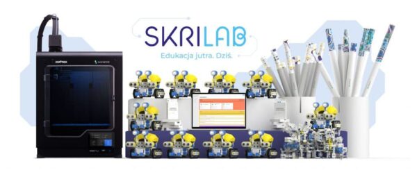 Drukarka 3D, roboty edukacyjne i akcesoria marki Skrilab z hasłem "Edukacja jutra. Dziś."