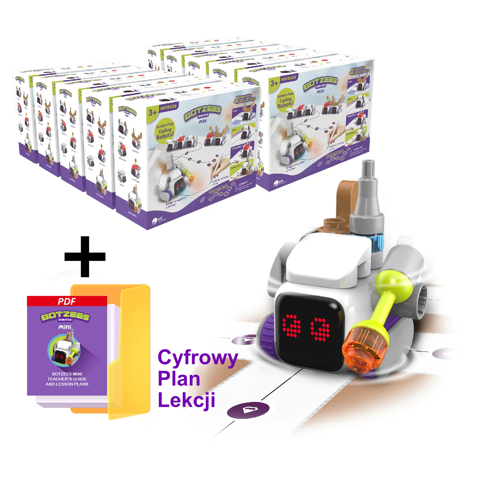 Zestaw edukacyjny Botzees Mini: robot do kodowania, pudełka z klockami oraz cyfrowy plan lekcji w formacie PDF.