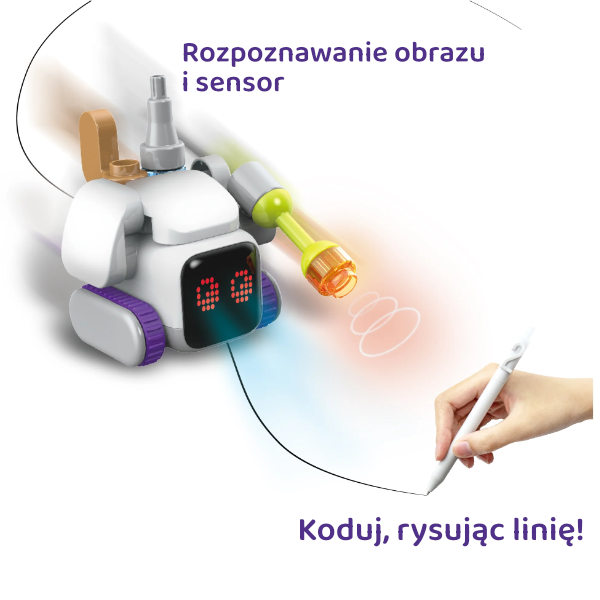 Mały robot reagujący na linię narysowaną pisakiem: "Rozpoznawanie obrazu i sensor" oraz "Koduj, rysując linię!".