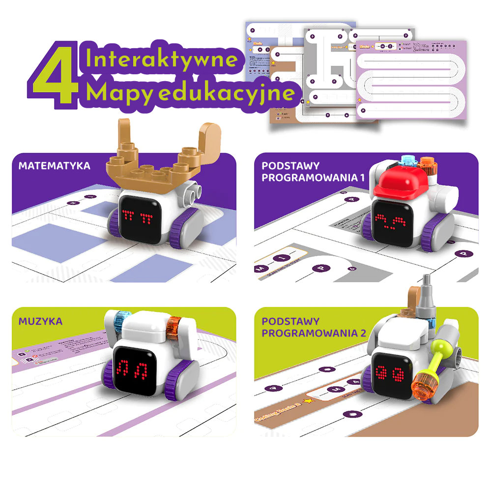 4 interaktywne mapy edukacyjne dla robota: matematyka, muzyka oraz dwa poziomy podstaw programowania.