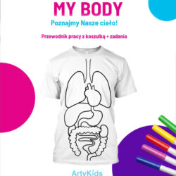 Biała koszulka z nadrukiem ludzkich narządów do kolorowania, zestaw edukacyjny „My Body” marki ArtyKids.