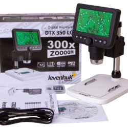 Mikroskop cyfrowy Levenhuk DTX 350 LCD z wyświetlaczem, statywem, kablem USB, kartą pamięci i instrukcją.