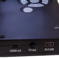 Porty HDMI-out, TV-out oraz 5V/USB w czarnym urządzeniu elektronicznym z panelem sterowania.