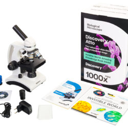 77991_discovery-atto-digital-microscope_01_en Mikroskop biologiczny Levenhuk Discovery Atto z zestawem akcesoriów, instrukcją i książką edukacyjną w pudełku.