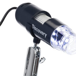 Cyfrowy mikroskop USB Discovery z podświetleniem LED na metalowym statywie.
