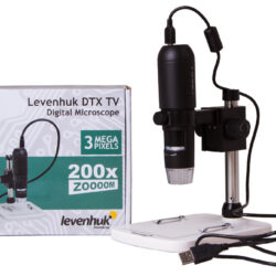Mikroskop cyfrowy Levenhuk DTX TV z pudełkiem i przewodem USB.