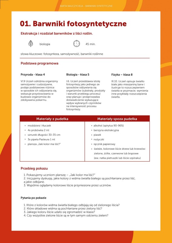Energia - barwniki fotosyntetyczne - karta nauczyciela