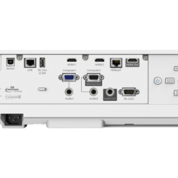 Panel tylny projektora z portami HDMI, USB, LAN, VGA, audio oraz przyciskami sterowania.