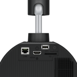 Panel tylny urządzenia z portami: LAN, HDMI, USB/GPI In, gniazdem słuchawkowym Audio Out oraz czytnikiem kart SD.