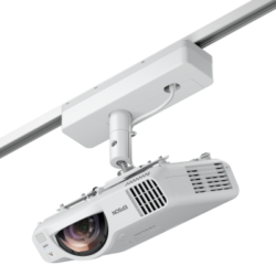 Biały projektor Epson zamontowany na szynie sufitowej.