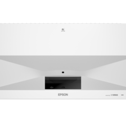 Biały projektor Epson z systemem dźwięku Yamaha widziany z góry.