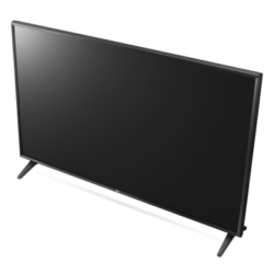 Telewizor LG z czarnym ekranem na podstawkach, widok z góry.