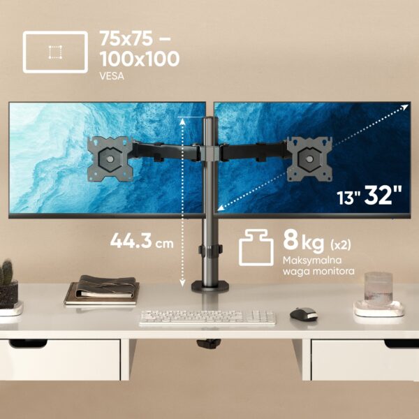 Uchwyt na dwa monitory 13-32 cale, standard VESA 75x75-100x100, nośność 8 kg na monitor, wysokość słupka 44,3 cm.