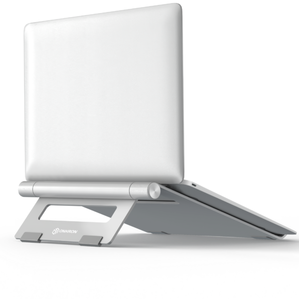 Aluminiowa podstawka pod laptopa marki ONKRON z otwartym komputerem przenośnym.