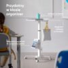 Przydatny w klasie organizer: mobilny stolik z uchwytem na kubek, haczykami na torbę oraz koszykiem na książki.