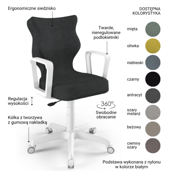 Krzesło biurowe z ergonomicznym siedziskiem, regulacją wysokości, obrotem 360 stopni i dostępną paletą kolorów tapicerki.