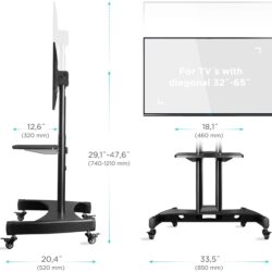 Mobilny stojak pod telewizor 32"-65" z wymiarami wysokości, szerokości i głębokości.
