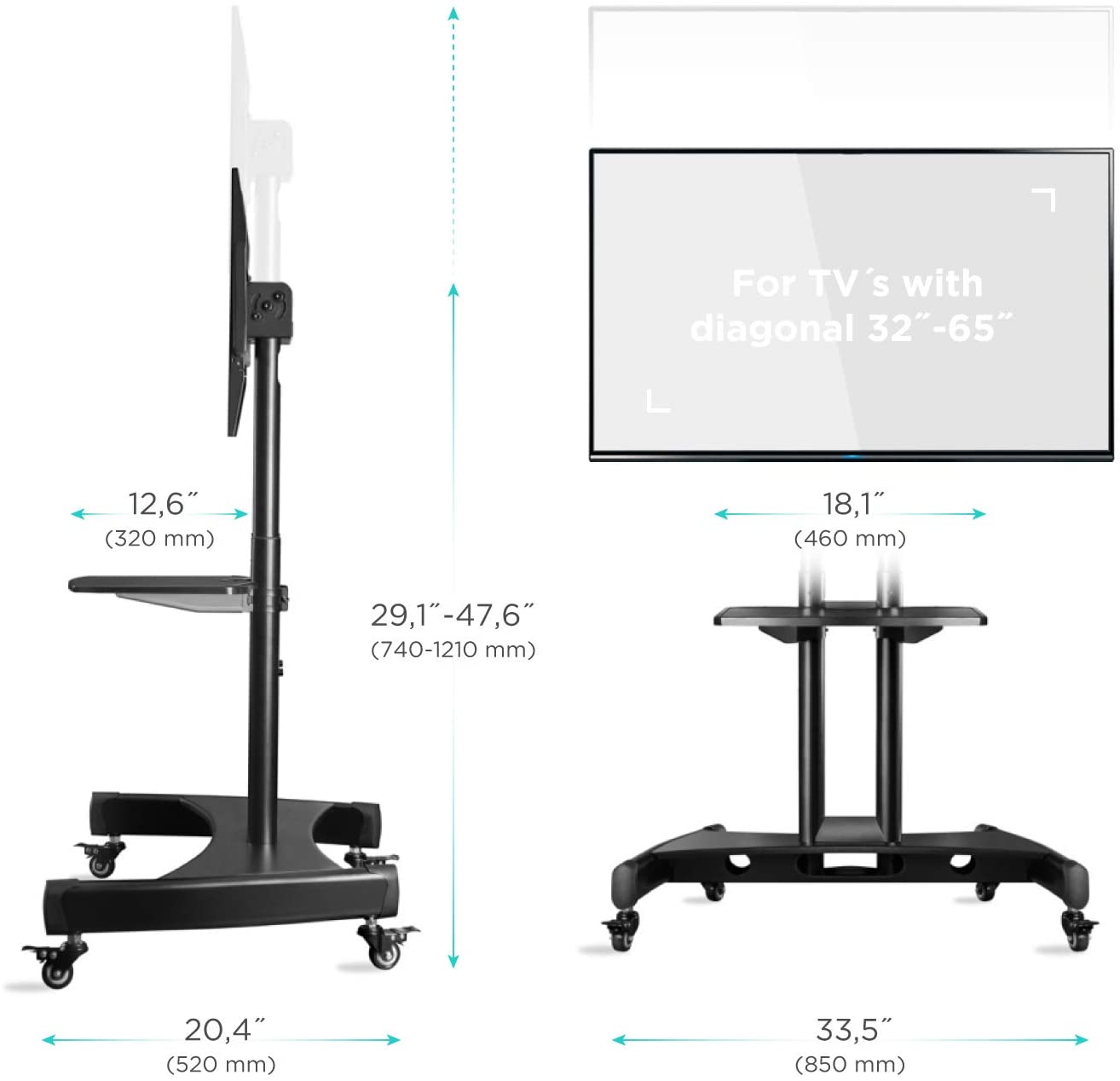 Mobilny stojak dla TV lub panelu interaktywnego 32"-65" maks 60 kg, pochyły, czarny TS1330 7 Mobilny stojak dla TV lub panelu interaktywnego 32"-65" maks 60 kg, pochyły, czarny TS1330 -