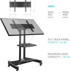Mobilny stojak na TV z regulacją nachylenia panelu 0-90°, standardem VESA 100x100-600x400 mm i nośnością 132 lbs.