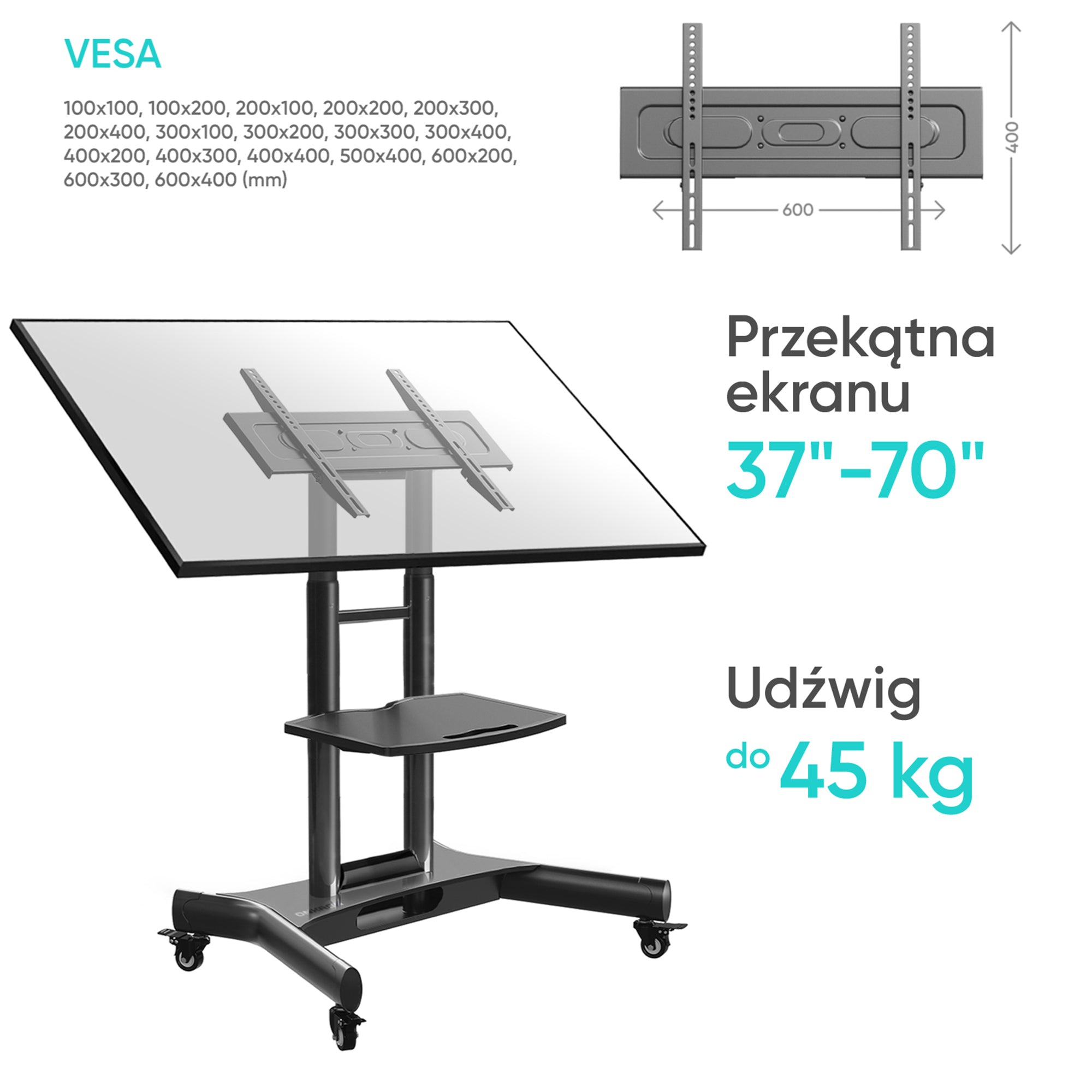 Mobilny stojak dla TV lub panelu interaktywnego 32"-70" maks 45 kg, pochyły, czarny TS1350 13 Mobilny stojak dla TV lub panelu interaktywnego 32"-70" maks 45 kg, pochyły, czarny TS1350 -