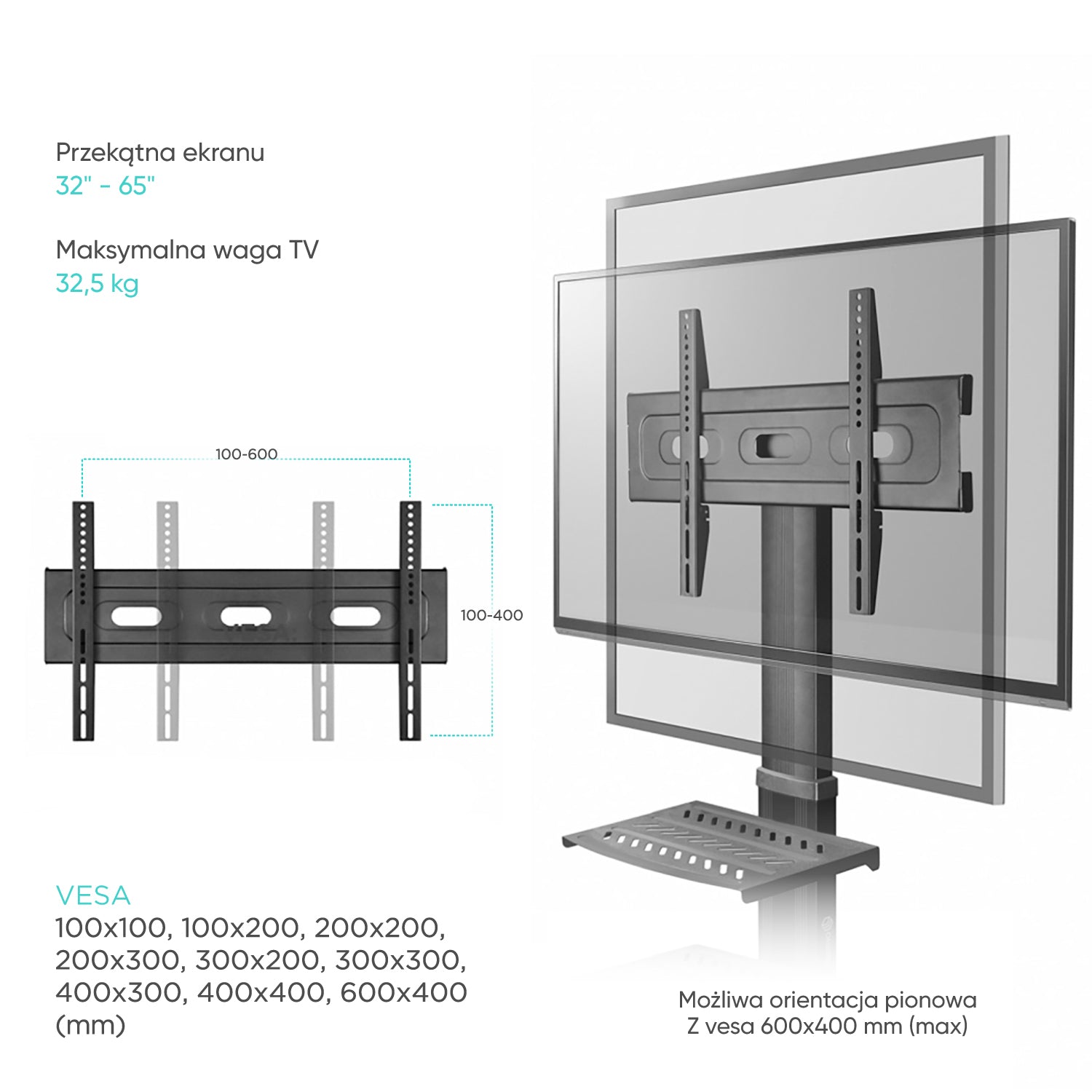 Mobilny stojak do TV 32" - 65" do 32,6 kg TS1661, Czarny 10 Mobilny stojak do TV 32" - 65" do 32,6 kg TS1661, Czarny -