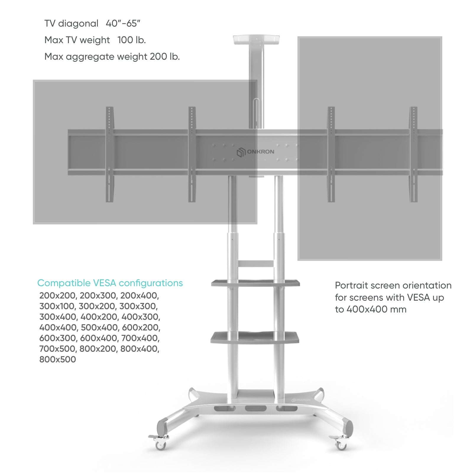 Mobilny stojak dla dwóch TV 40"-65" maks 46 kg, biały TS1881DV 9 Mobilny stojak dla dwóch TV 40"-65" maks 46 kg, biały TS1881DV -