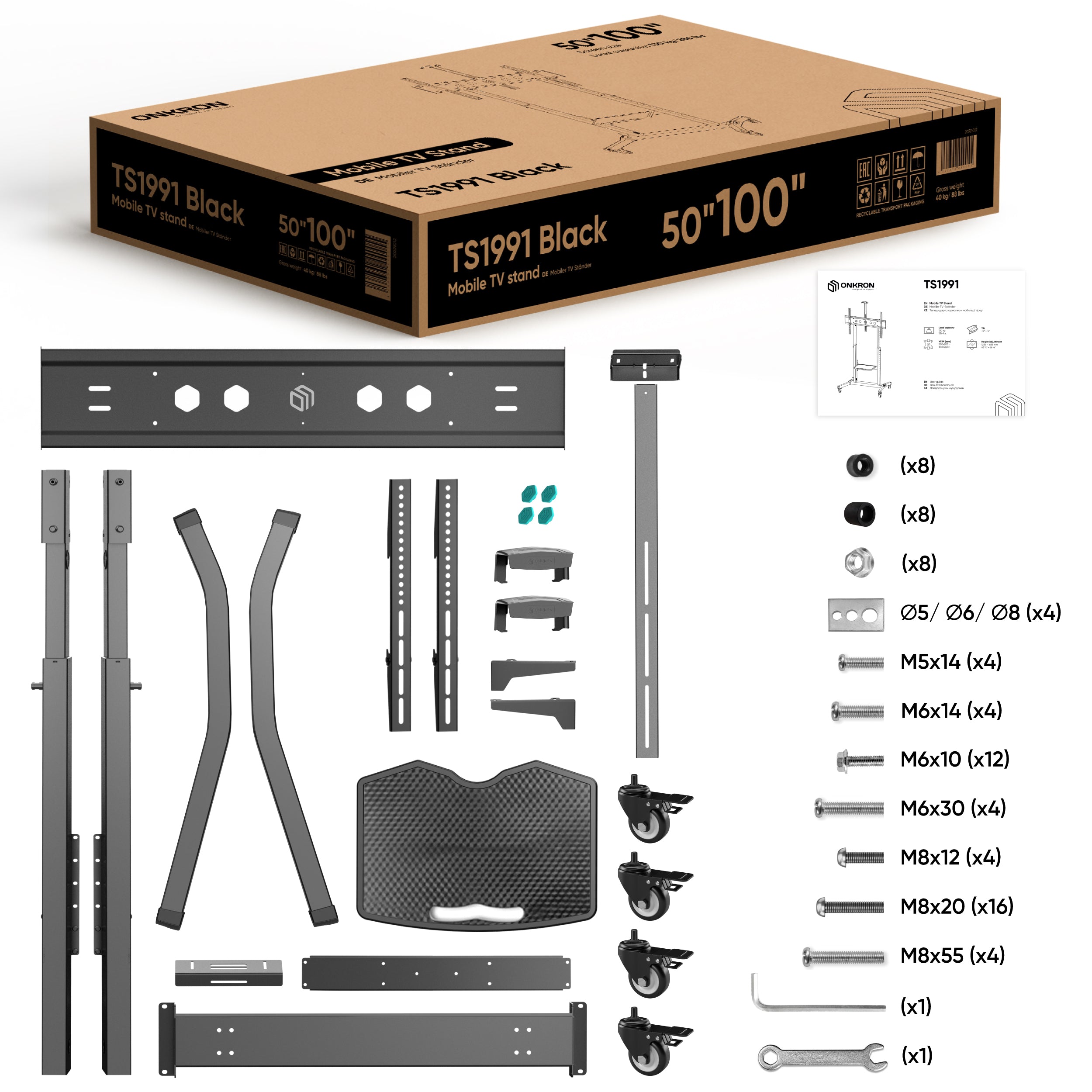 Mobilny stojak TV dla 50"-100" maks 120 kg, pochyły, czarny TS1991 12 Mobilny stojak TV dla 50"-100" maks 120 kg, pochyły, czarny TS1991 -