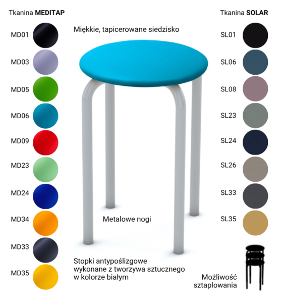 Taboret z tapicerowanym siedziskiem, metalowymi nogami, stopkami antypoślizgowymi oraz wzornikiem tkanin Meditap i Solar.