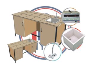Stół laboratoryjny NYSA na stelażu, ze zlewem i zasilaczem - Pracownie
