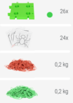 Zestaw elementów do gry: 26 zielonych podstawek, 24 karty z wzorami, 0,2 kg czerwonych i 0,2 kg zielonych gumek recepturek.