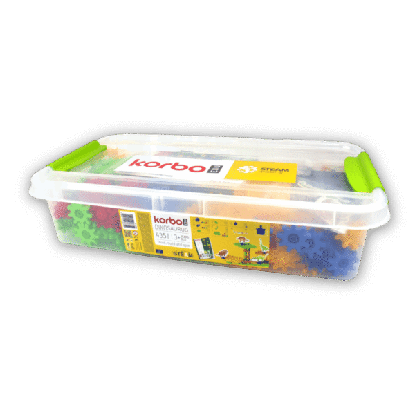 Zestaw klocków konstrukcyjnych Korbo EDU Dinosaurus w plastikowym pojemniku z zębatkami.