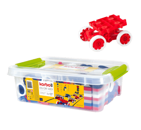 Zestaw klocków konstrukcyjnych Korbo Edu Car 400 z plastikowym pojemnikiem do przechowywania.