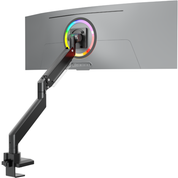 Ultrawide monitor zamontowany na regulowanym ramieniu biurkowym z podświetleniem RGB.