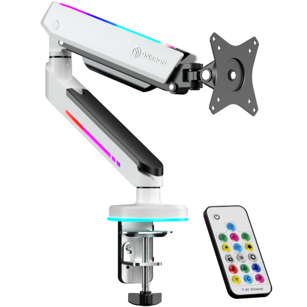 Biały uchwyt biurkowy do monitora ONKRON z podświetleniem RGB i bezprzewodowym pilotem sterującym.