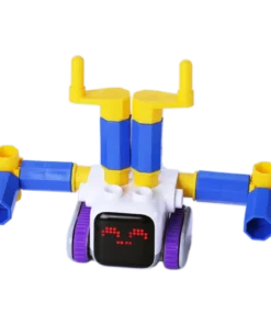 Interaktywny robot edukacyjny z klocków z cyfrowym ekranem wyświetlającym uśmiechniętą buźkę.