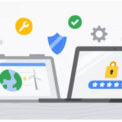 Laptop z ikoną Google Chrome, panelem logowania i ikonami ustawień, zabezpieczeń oraz ekologii.