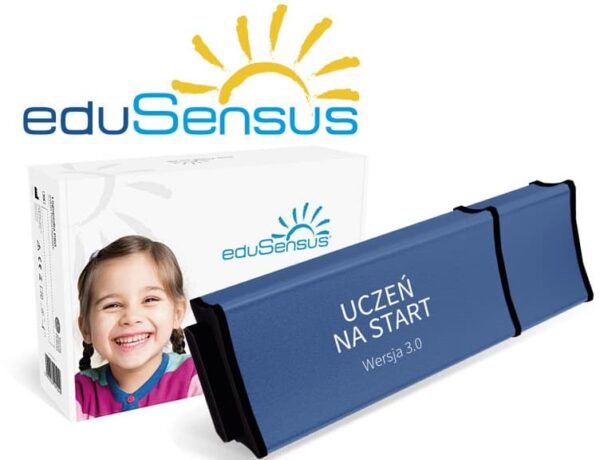 Pudełko edukacyjnego programu komputerowego eduSensus Uczeń na start 3.0 ze zdjęciem uśmiechniętej dziewczynki.