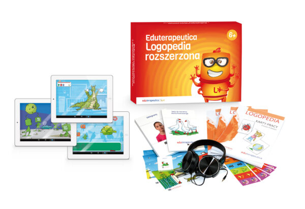 Zestaw terapeutyczny Eduterapeutica Logopedia rozszerzona z tabletami, kartami pracy, słuchawkami i pomocami edukacyjnymi.