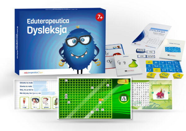 Zestaw edukacyjny Eduterapeutyca Dysleksja z kartami pracy, grami literowymi i ćwiczeniami na ekranie.