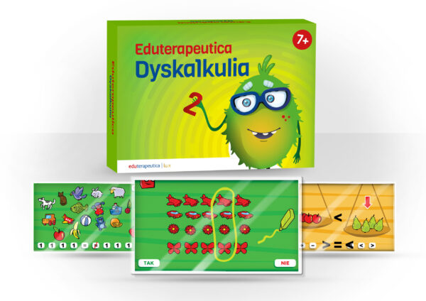 Pudełko gry edukacyjnej Eduterapeutica Dyskalkulia dla dzieci od 7 lat oraz przykłady ćwiczeń matematycznych na ekranie.