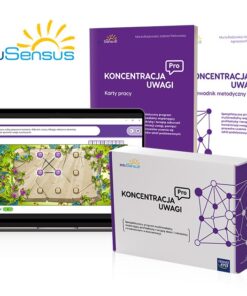 Zestaw edukacyjny eduSensus Koncentracja Uwagi Pro: laptop z grą terapeutyczną, karty pracy oraz przewodnik metodyczny.