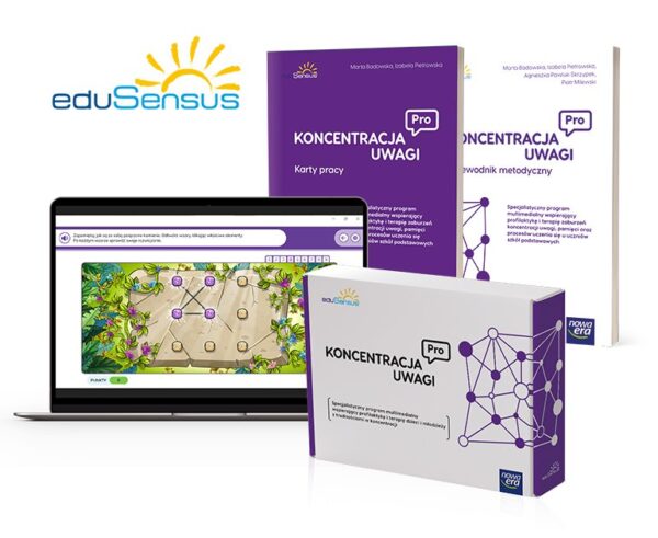 Zestaw edukacyjny eduSensus Koncentracja Uwagi Pro: laptop z grą terapeutyczną, karty pracy oraz przewodnik metodyczny.