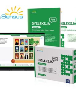 Zestaw edukacyjny eduSensus Dysleksja Pro Poziom 2 z oprogramowaniem na laptopie, podręcznikami i kartami pracy.