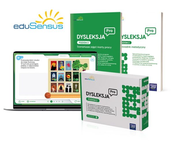 Zestaw edukacyjny eduSensus Dysleksja Pro Poziom 2 z oprogramowaniem na laptopie, podręcznikami i kartami pracy.
